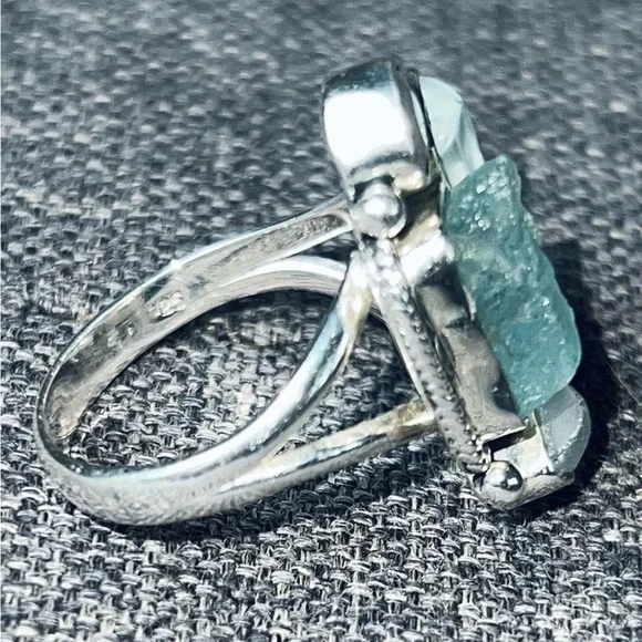 Artisan Crafted Natural Aquamarine and Moonstone Sterling Silver Ring - Picture 3 of 6